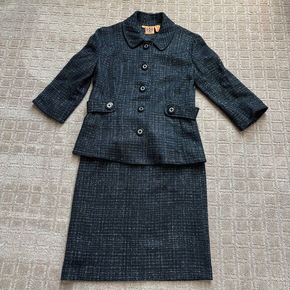 Tory Burch Tweed Jacket Skirt Suit Set Women's 8 Black Preppy Old Money Wool - Picture 1 of 13